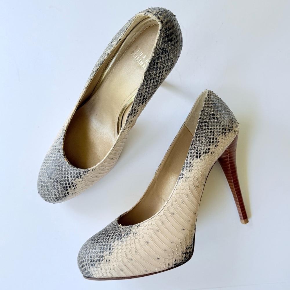 Stuart Weitzman Snakeskin Hidden Platform Heels Cream / Gray / Natural Size 10